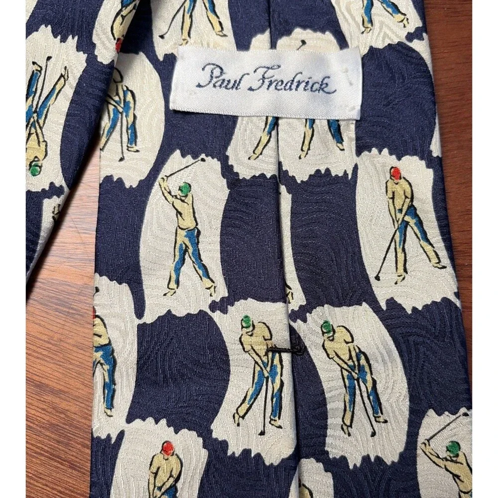 Paul Frederick Blue Golfer Print 100%‎ Silk Mens Necktie 3
